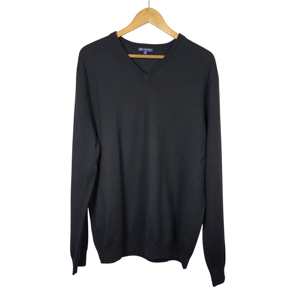 Gap Italian‎ Merino Wool Sweater Mens XL Black V-Neck Lightweight Knit Pullover